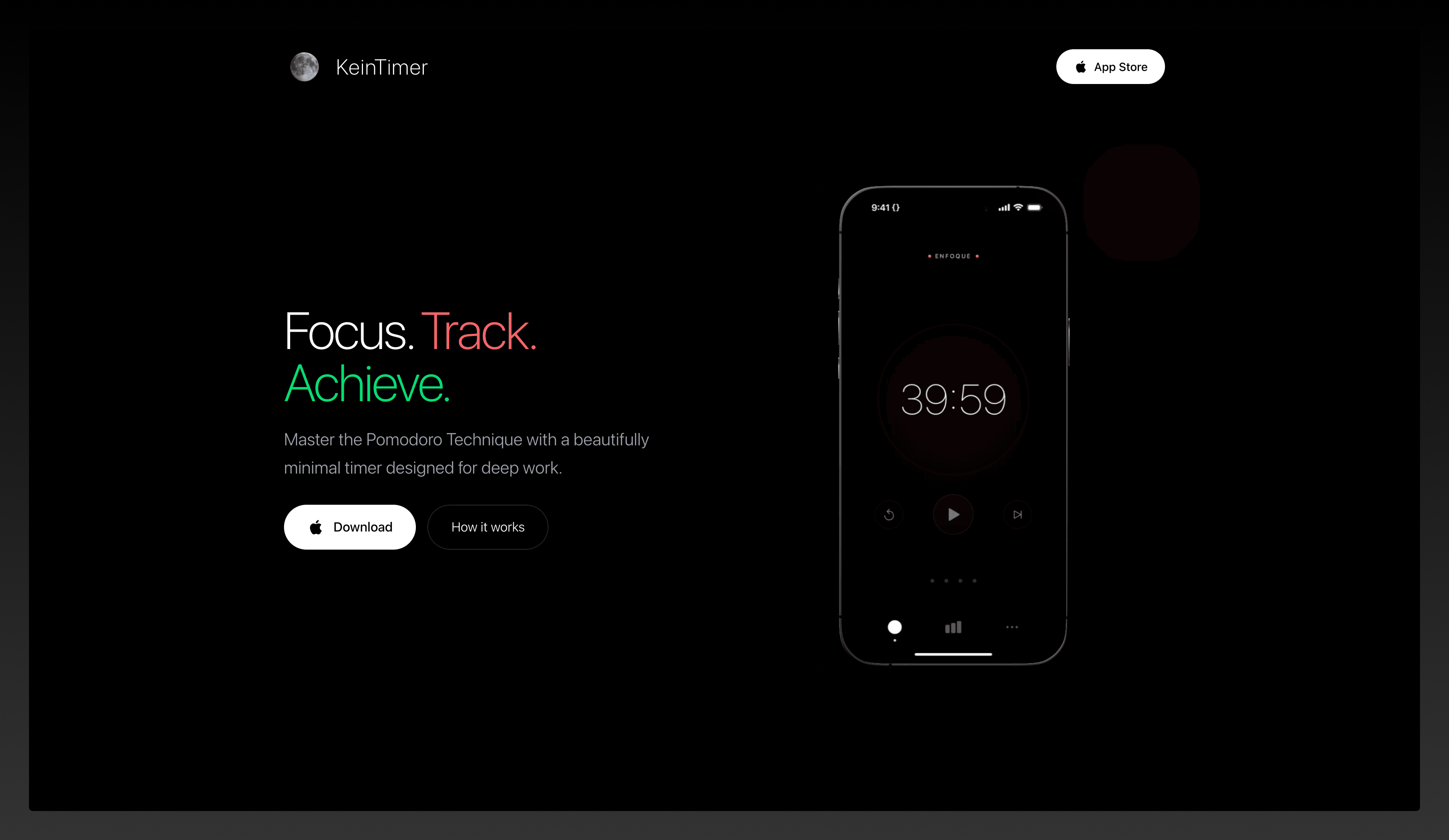 KeinTimer - App de pomodoro para iOS con diseño minimalista enfocada en maximizar la concentración. Cuenta con estadísticas detalladas para analizar tu productividad y progreso. Landing page desarrollada con React y Tailwind.. Proyecto personal desarrollado con Swift, React, Tailwind